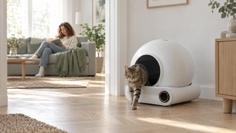 Litière autonettoyante blanche à dôme dans un salon clair : un chat tigré en sort, une femme lit sur le canapé au fond