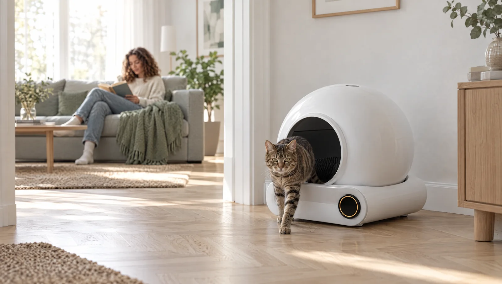 Litière autonettoyante blanche à dôme dans un salon clair : un chat tigré en sort, une femme lit sur le canapé au fond