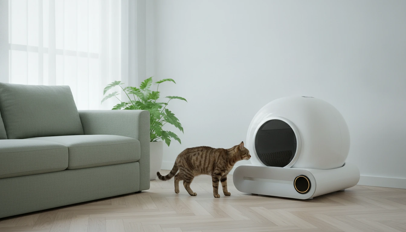 Litière autonettoyante blanche à dôme dans un salon clair, chat tigré qui s'en approche, canapé vert sauge