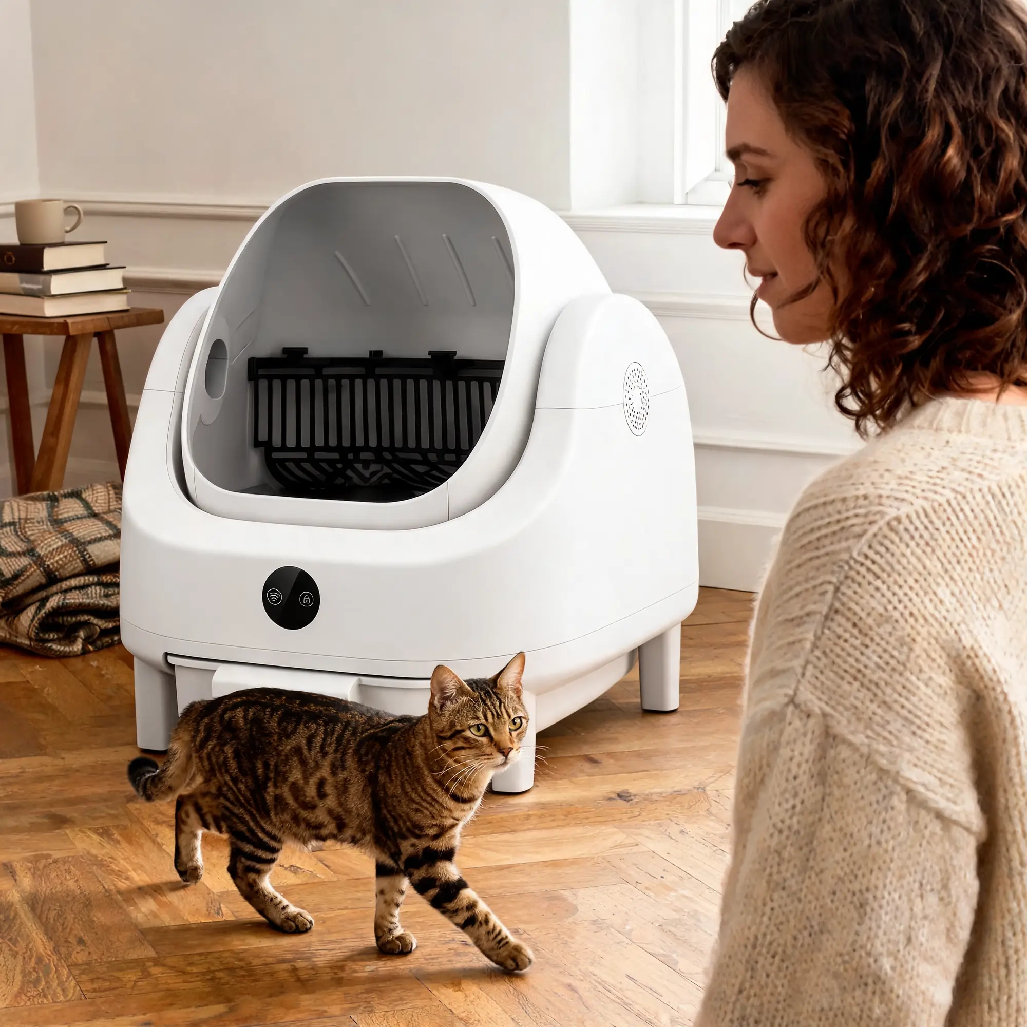 Litière automatique blanche dans un salon, une femme et un chat tigré brun
