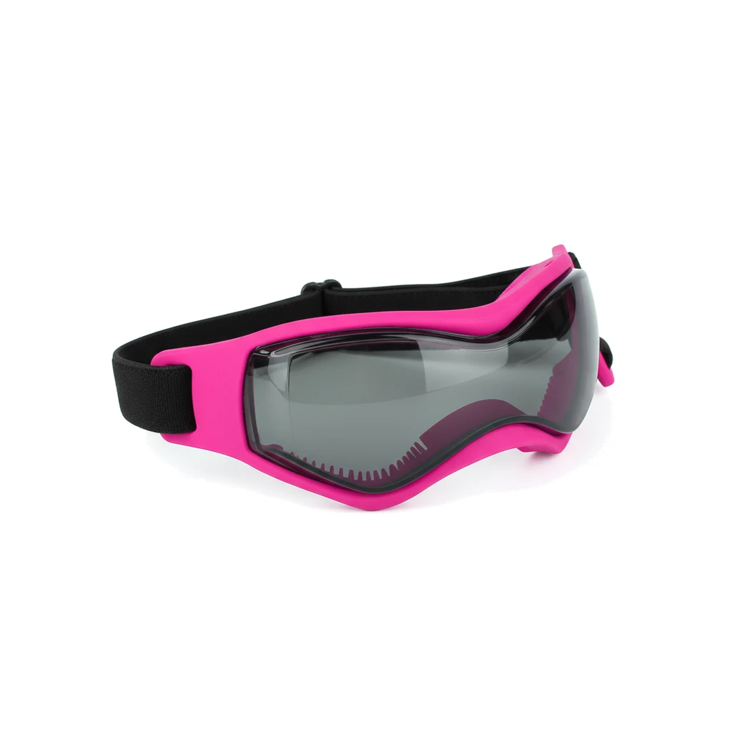 Lunettes de soleil roses pour chien, monture souple, verres fumés et sangle noire réglable