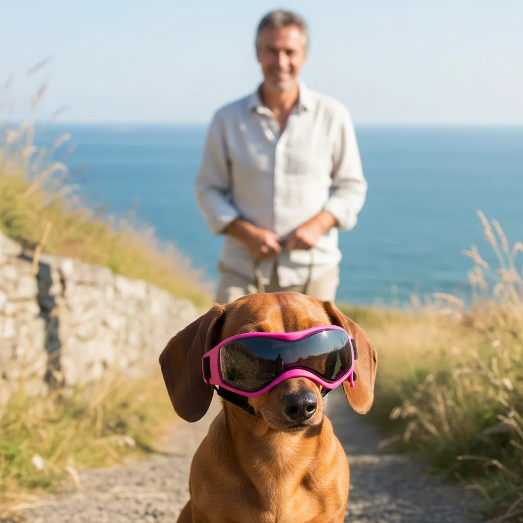 Chien portant des lunettes de soleil roses à monture souple, un homme souriant en arrière-plan face à la mer