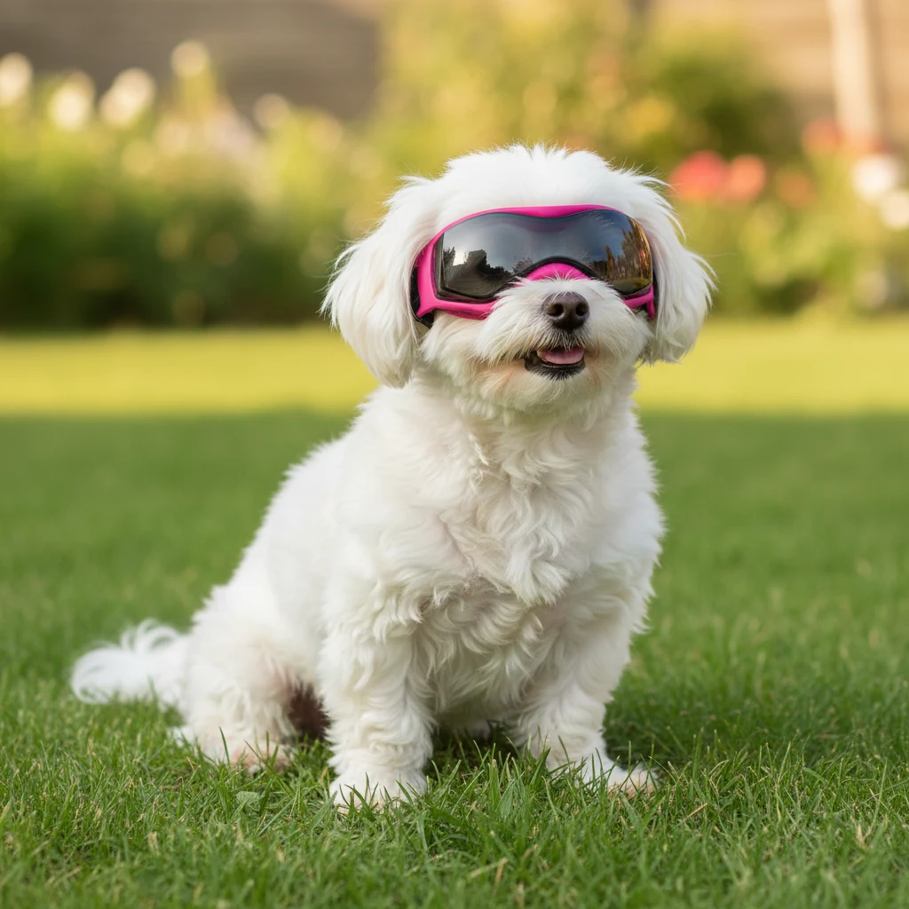 Lunettes de soleil roses portées par un petit chien blanc assis dans l'herbe