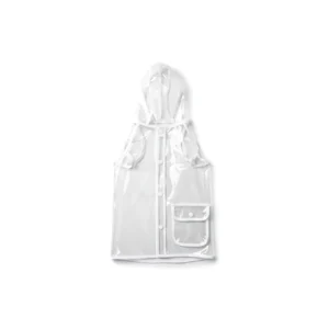 Manteau de pluie transparent pour chien, posé à plat sur fond blanc