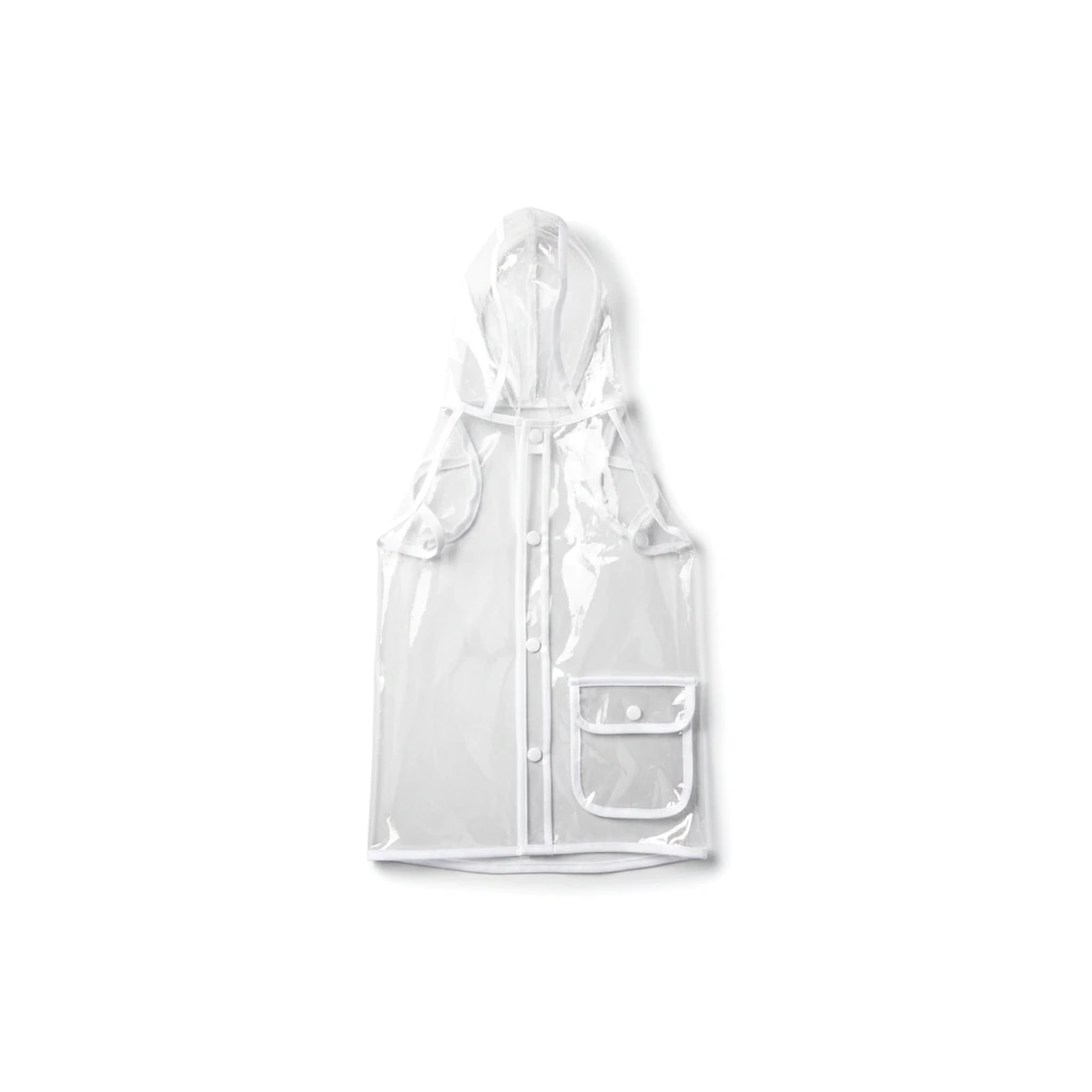Manteau de pluie transparent pour chien, posé à plat sur fond blanc