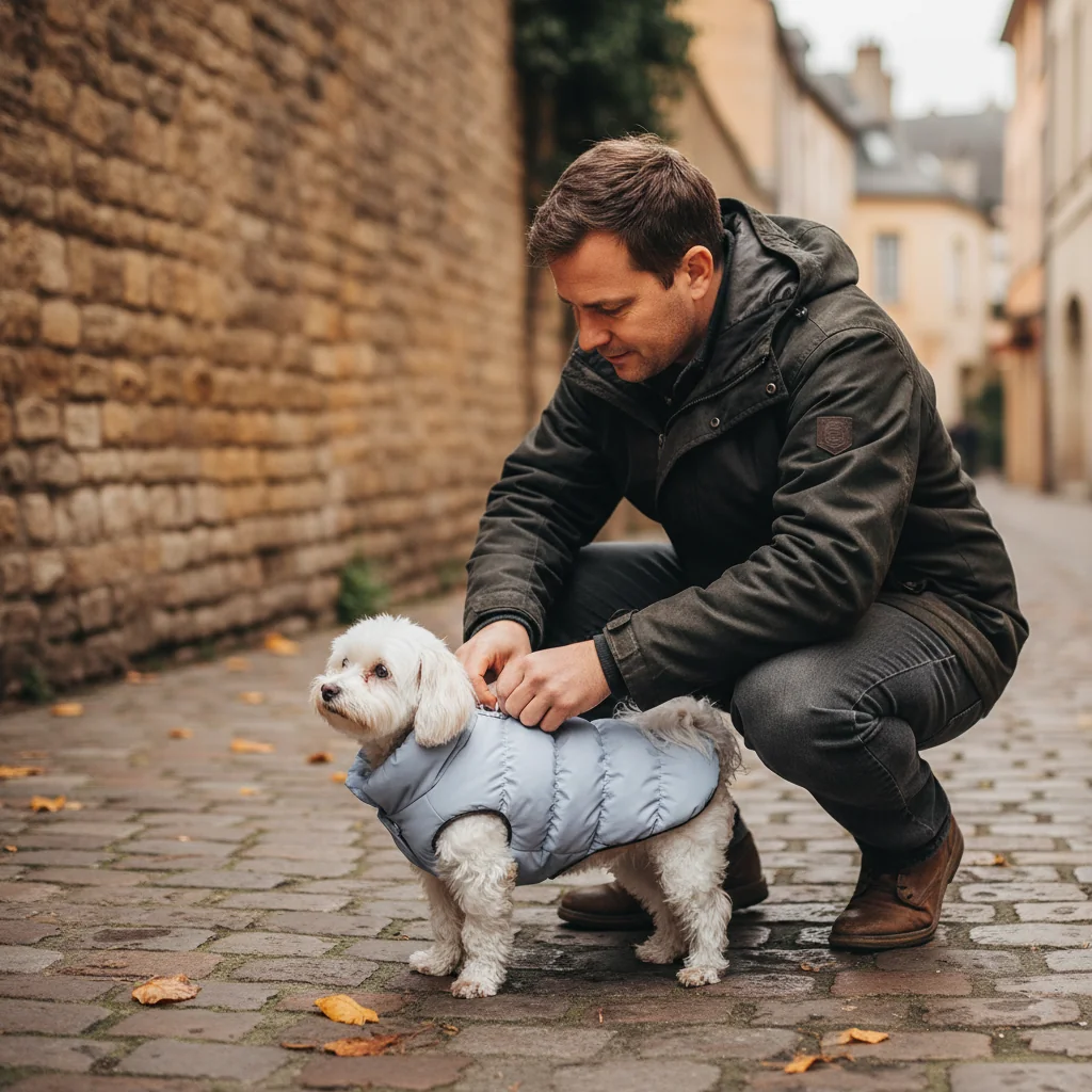 Homme accroupi dans une rue pavée qui enfile un manteau matelassé bleu-gris à son petit chien blanc