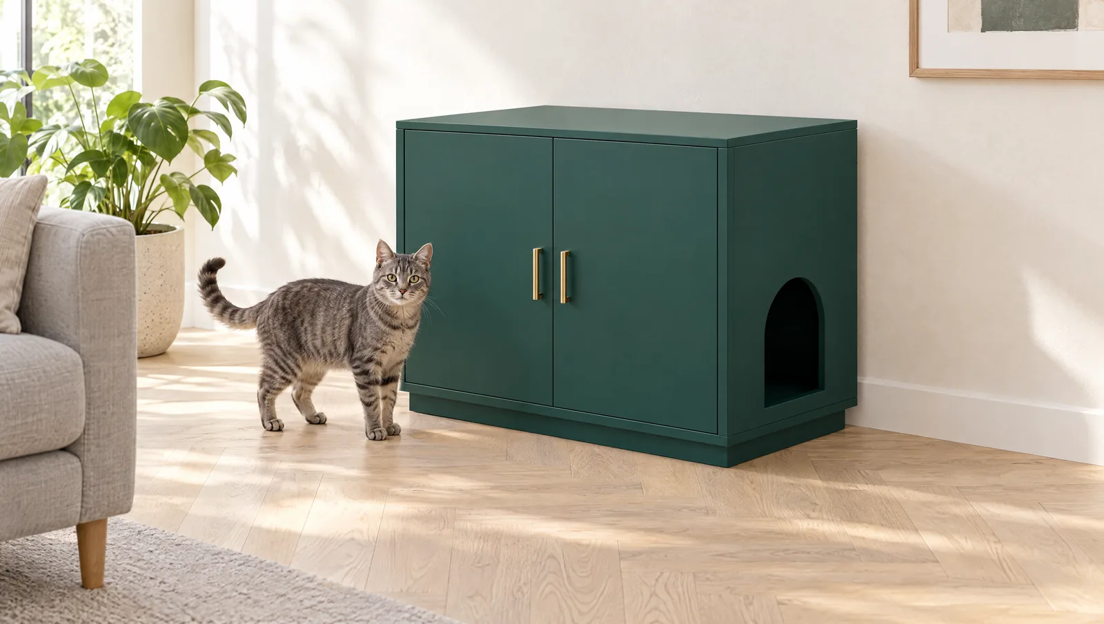 Meuble cache-litière vert foncé avec poignées laiton dans un salon clair, chat tigré gris à côté