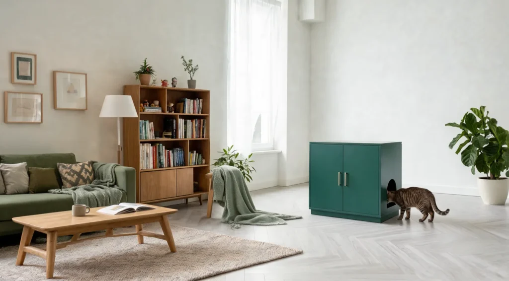 Meuble cache-litière vert à poignées laiton dans un salon, un chat tigré s'avance vers l'arche