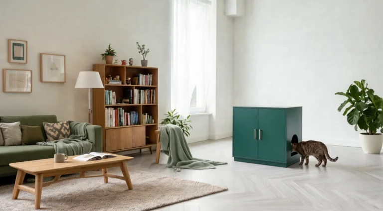 Meuble cache-litière vert à poignées laiton dans un salon, un chat tigré s'avance vers l'arche