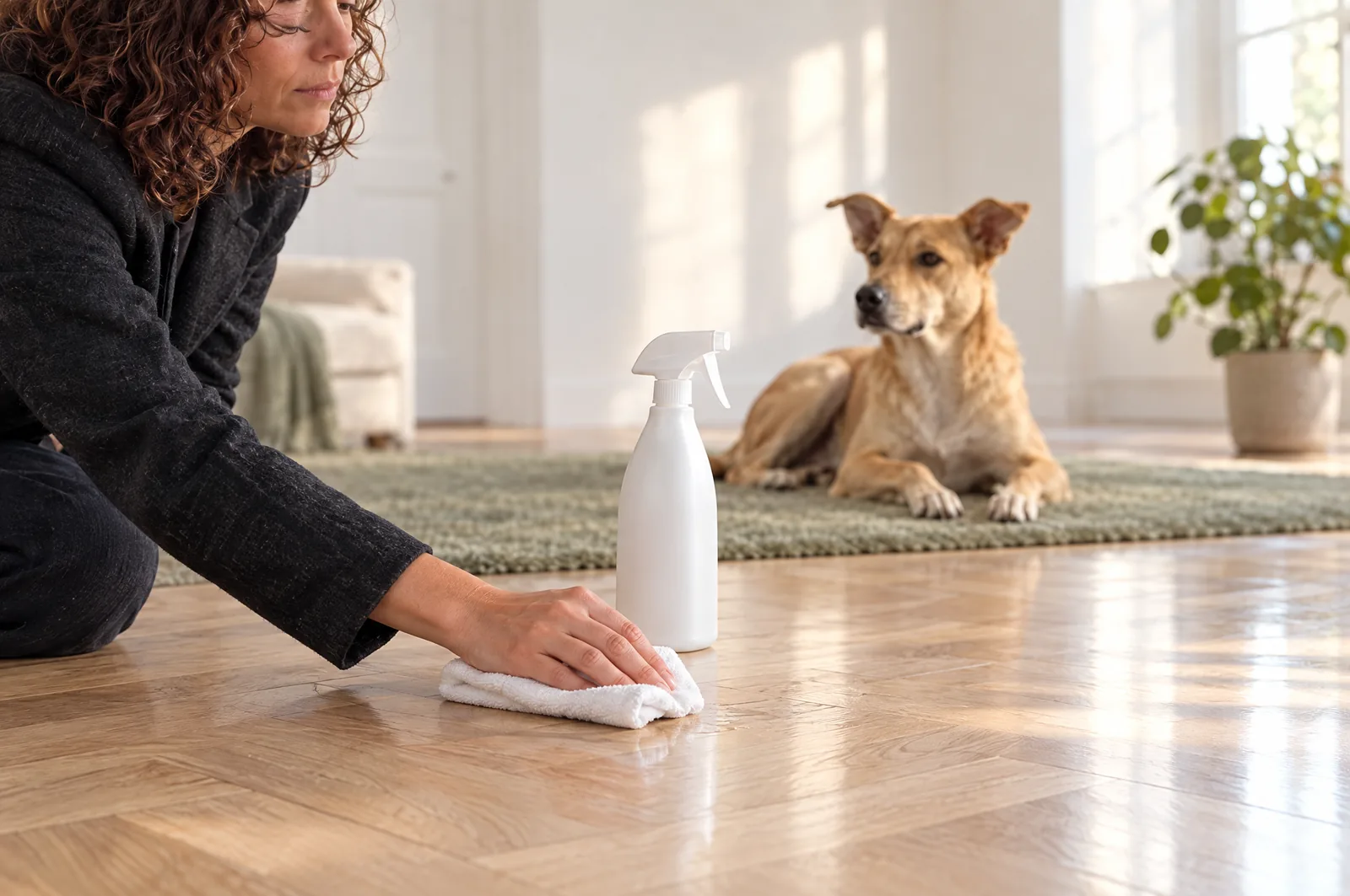Main essuyant une tache sur un parquet clair avec un chiffon blanc, flacon pulvérisateur sans marque, chien allongé au second plan