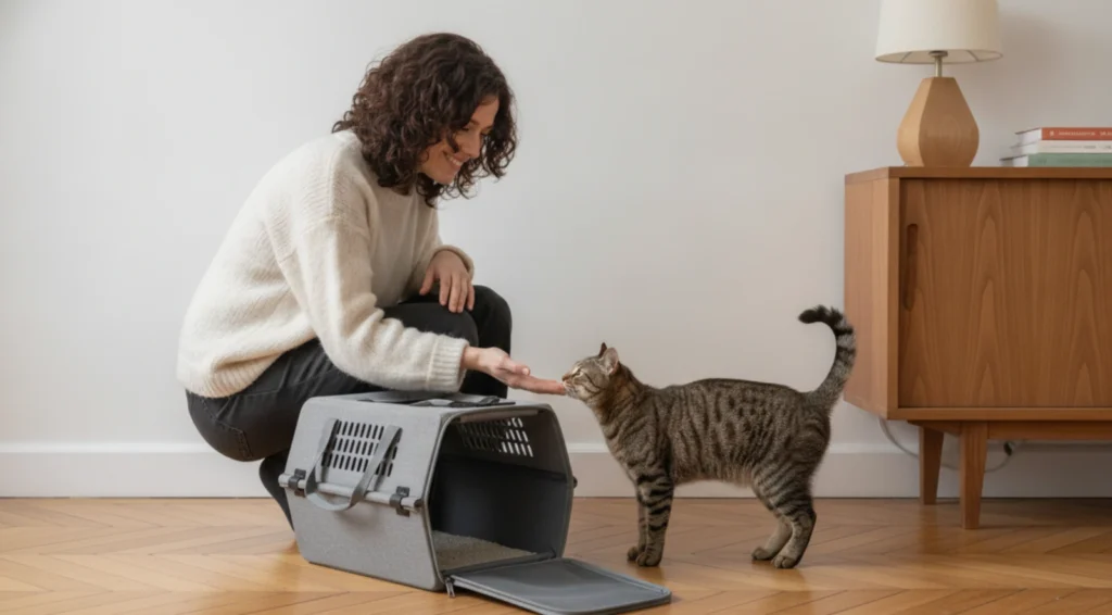 Femme accroupie tendant la main à un chat tigré curieux, à côté d'un panier de transport gris ouvert, dans un salon