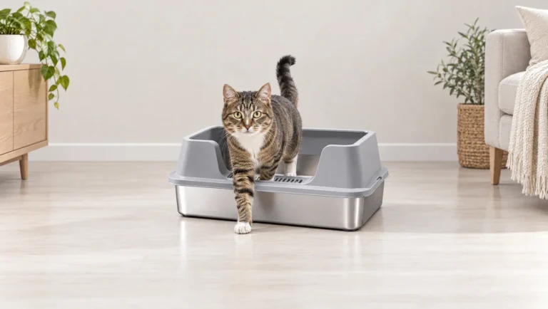 Chat tigré sortant d'un bac à litière en inox à rebord gris, salon clair au sol clair