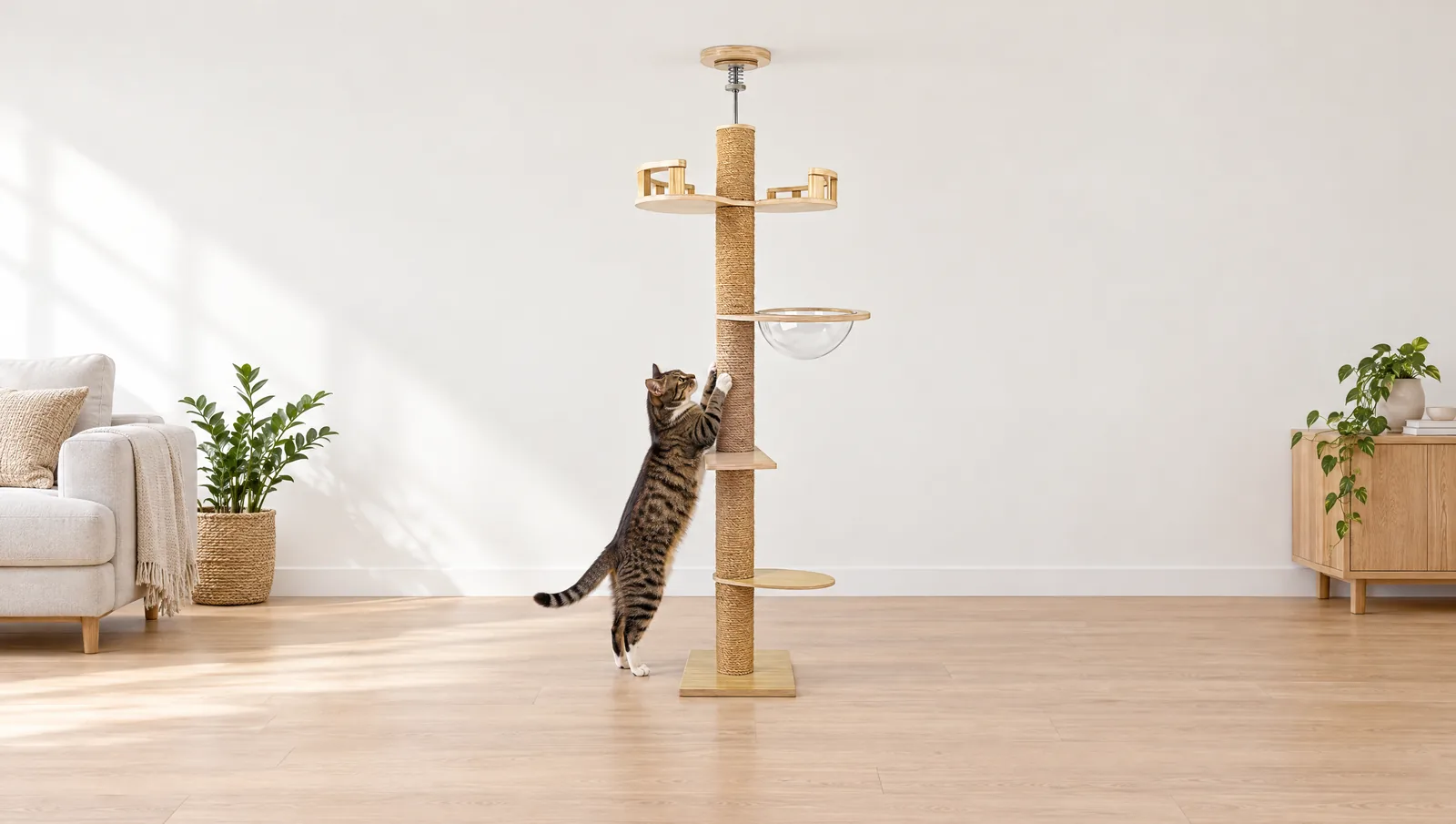Chat tigré debout qui griffe le poteau en sisal d'un arbre à chat de sol au plafond, salon clair au parquet clair