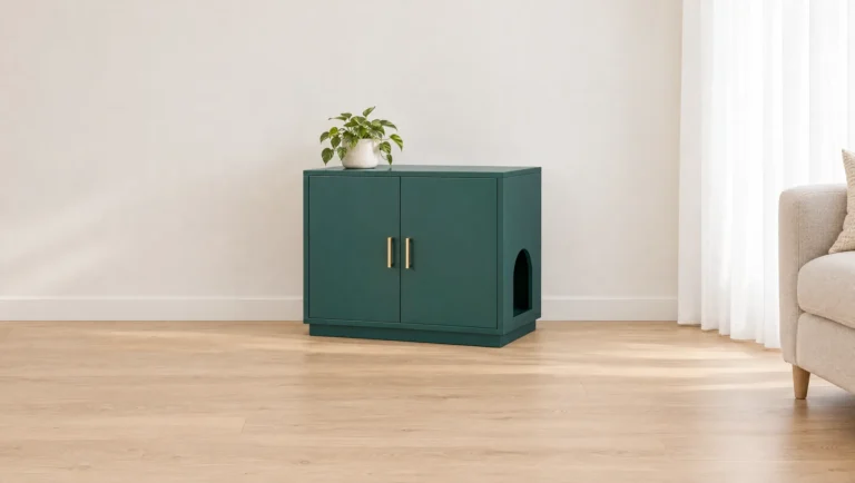 Meuble cache-litière vert foncé à deux portes et poignées dorées, plante sur le dessus, salon clair