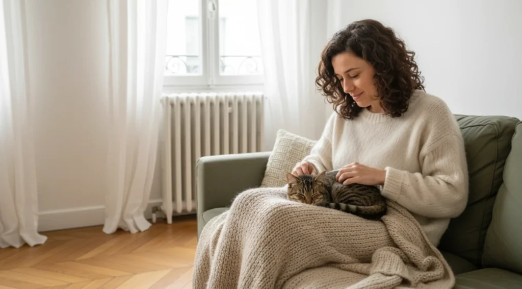 Femme caressant son chat tigré endormi sur ses genoux sous un plaid tricoté