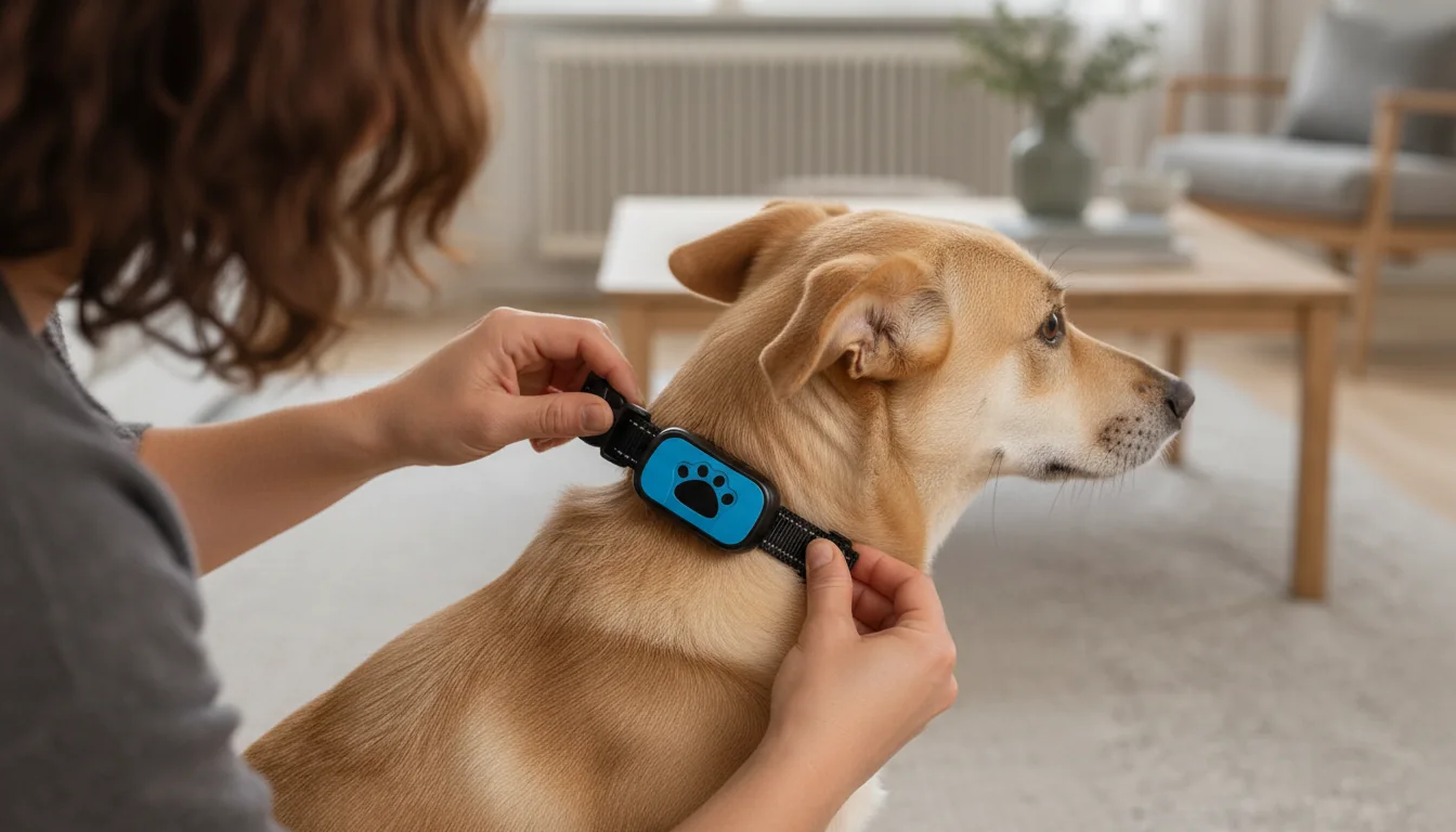 Femme ajustant le collier anti-aboiement bleu sur un chien fauve dans un salon lumineux