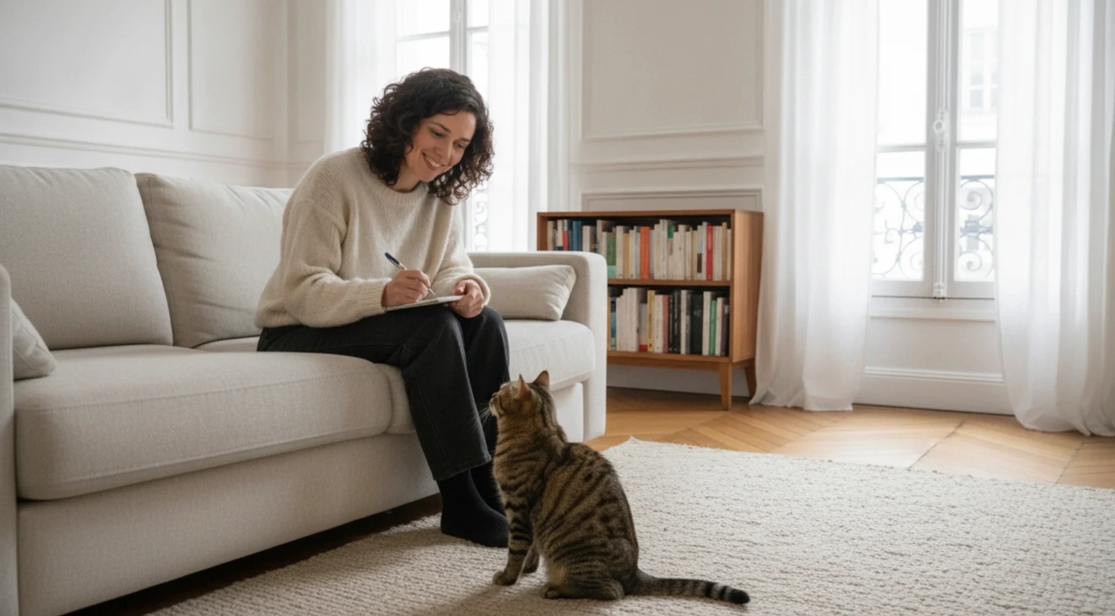 Femme assise sur un canapé clair qui note dans un carnet en regardant son chat tigré assis sur le tapis, dans un salon lumineux