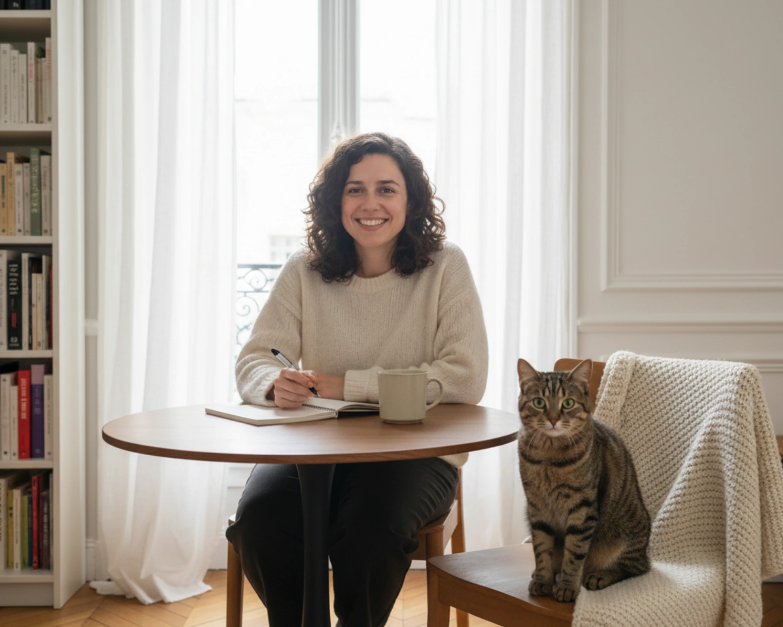 Femme souriante à une table ronde avec un carnet et une tasse, un chat tigré assis sur la chaise voisine, dans un salon accueillant