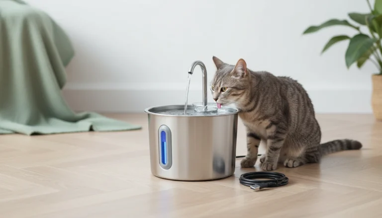 Chat tigré qui boit à une fontaine à eau en inox Nooktails à fenêtre de niveau bleue, sur un parquet clair