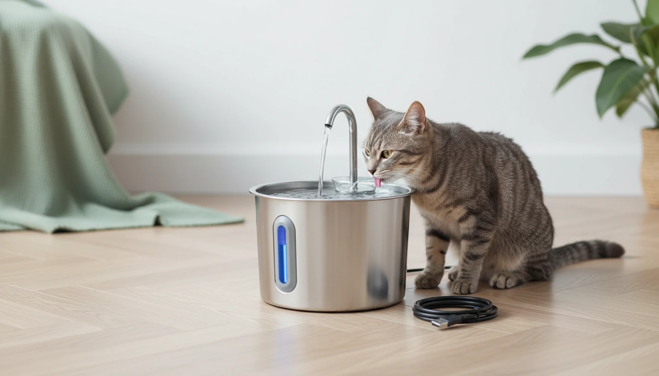 Chat tigré qui boit à une fontaine à eau en inox Nooktails à fenêtre de niveau bleue, sur un parquet clair