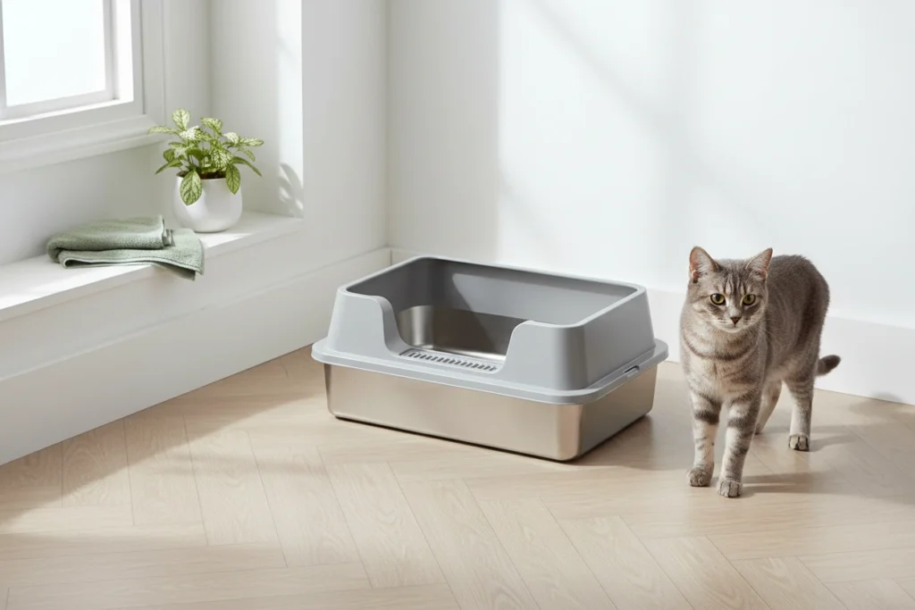 Chat tigré assis face à un bac à litière en inox Nooktails à rebord gris, sur un parquet clair