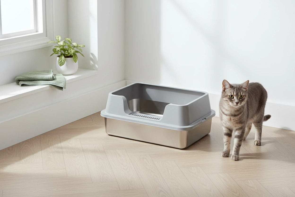 Chat tigré assis face à un bac à litière en inox Nooktails à rebord gris, sur un parquet clair