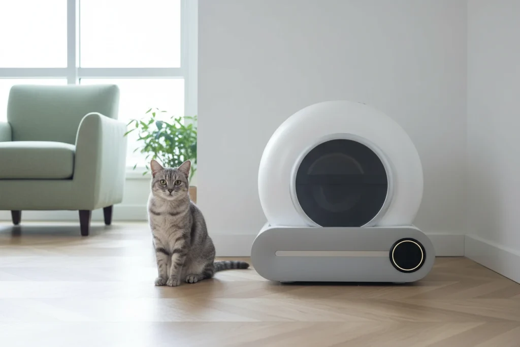 Chat tigré assis près d'une litière automatique Nooktails blanche et grise, dans un salon clair avec fauteuil vert sauge