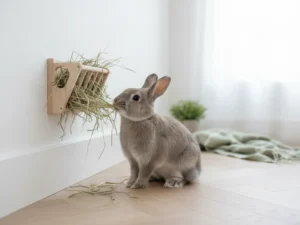 Lapin gris devant un distributeur de foin en bois fixé au mur, dans un salon clair