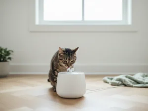 Chat tigré qui boit à une fontaine à eau blanche, dans un salon clair