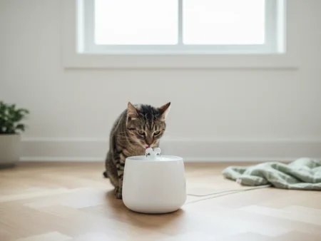 Chat tigré qui boit à une fontaine à eau blanche, dans un salon clair