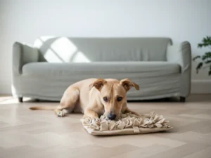 Chien fauve couché sur un tapis de fouille, devant un canapé vert sauge dans un salon clair