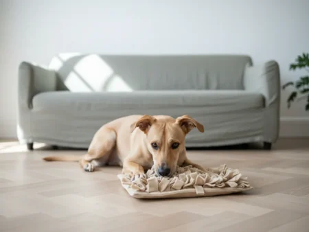 Chien fauve couché sur un tapis de fouille, devant un canapé vert sauge dans un salon clair