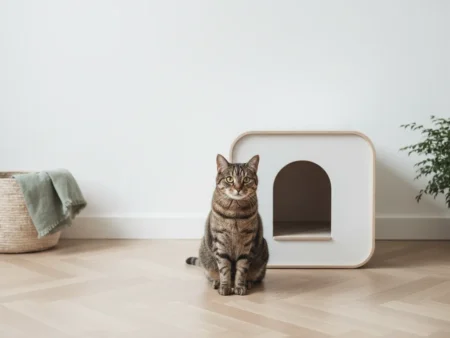 Chat tigré assis à côté d’une maison de toilette blanche, dans un salon clair