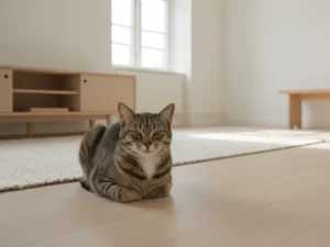Chat tigré couché sur un parquet clair dans un salon lumineux