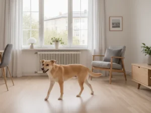 Chien fauve dans un salon clair, près d'une fenêtre et d'un fauteuil