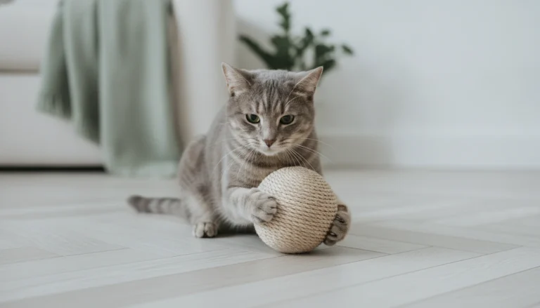 Chat gris qui joue avec une balle en corde de sisal sur un parquet clair, dans un salon lumineux