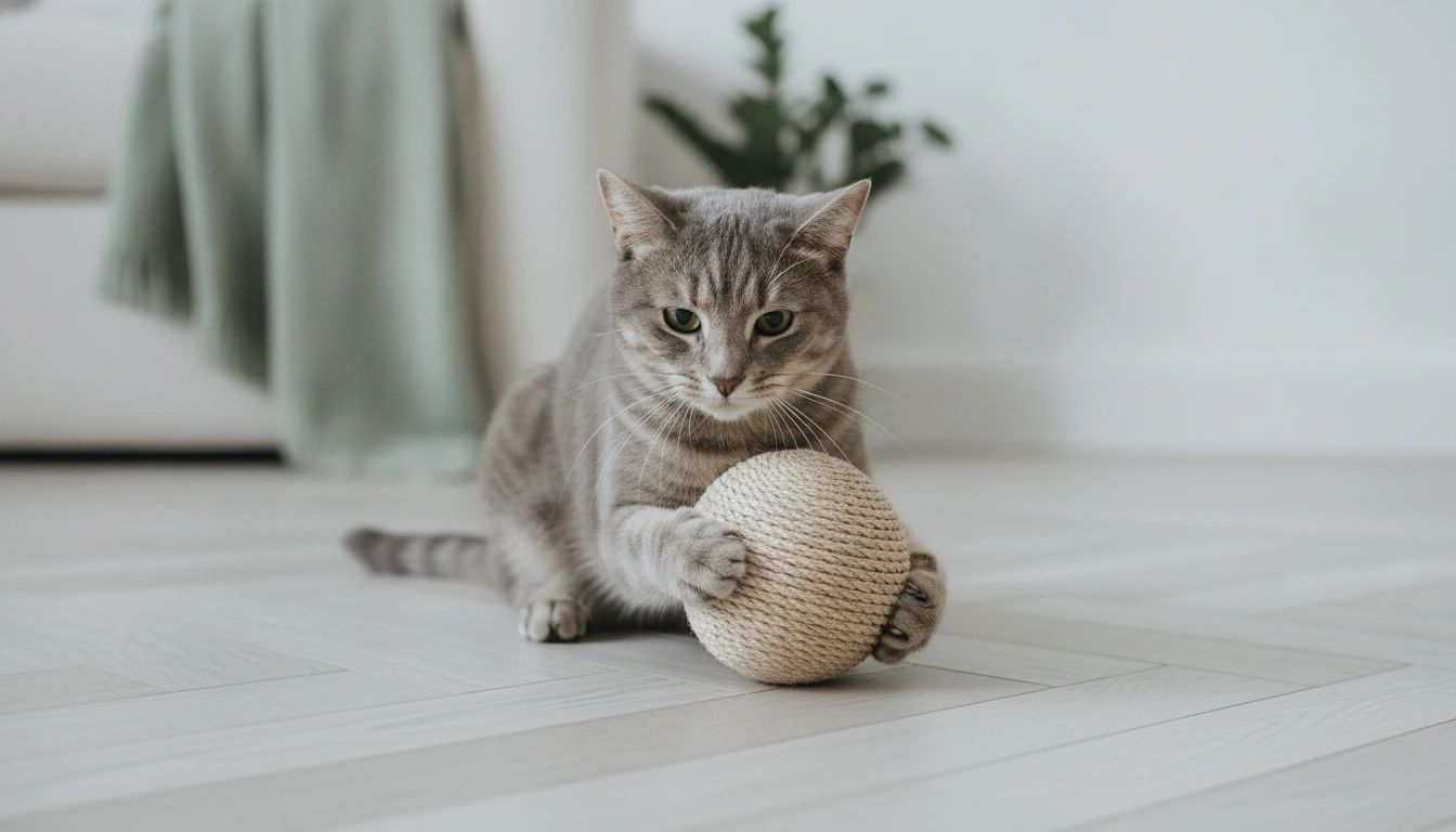Chat gris qui joue avec une balle en corde de sisal sur un parquet clair, dans un salon lumineux