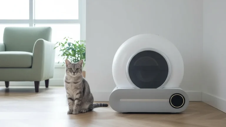 Litière automatique autonettoyante Nooktails blanche et grise dans un salon clair, avec un chat tigré assis à côté
