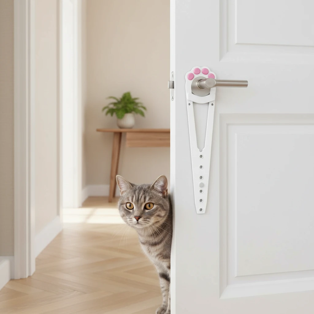Chat tigré gris qui regarde derrière une porte blanche, avec un loquet blanc à pastilles roses en patte sur la poignée
