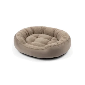 Panier rond en peluche bouclette beige gris pour chien et chat, vu de trois quarts sur fond blanc