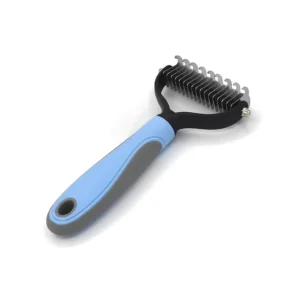 Peigne de toilettage double face à manche bleu et gris, avec rangée de dents en inox