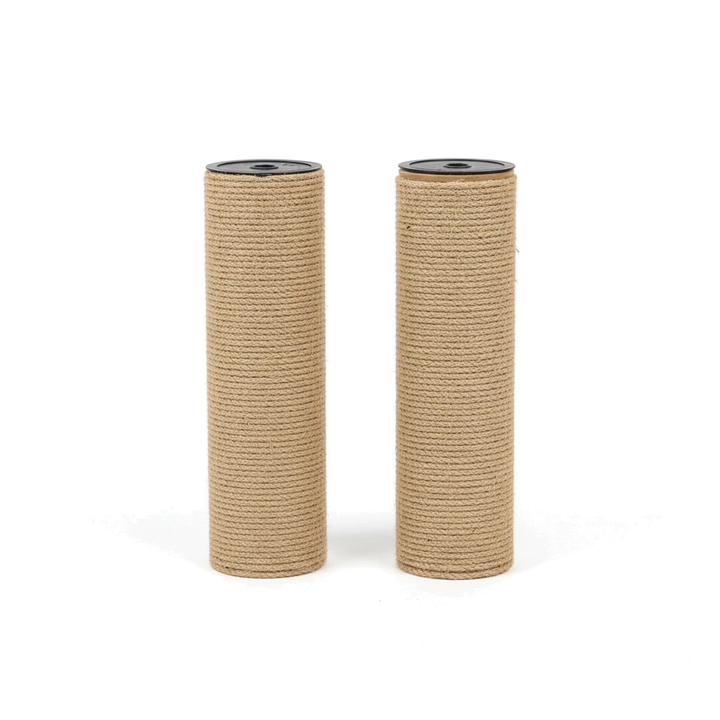 Deux piliers de rechange en corde de sisal beige pour arbre à chat, avec embout noir percé.