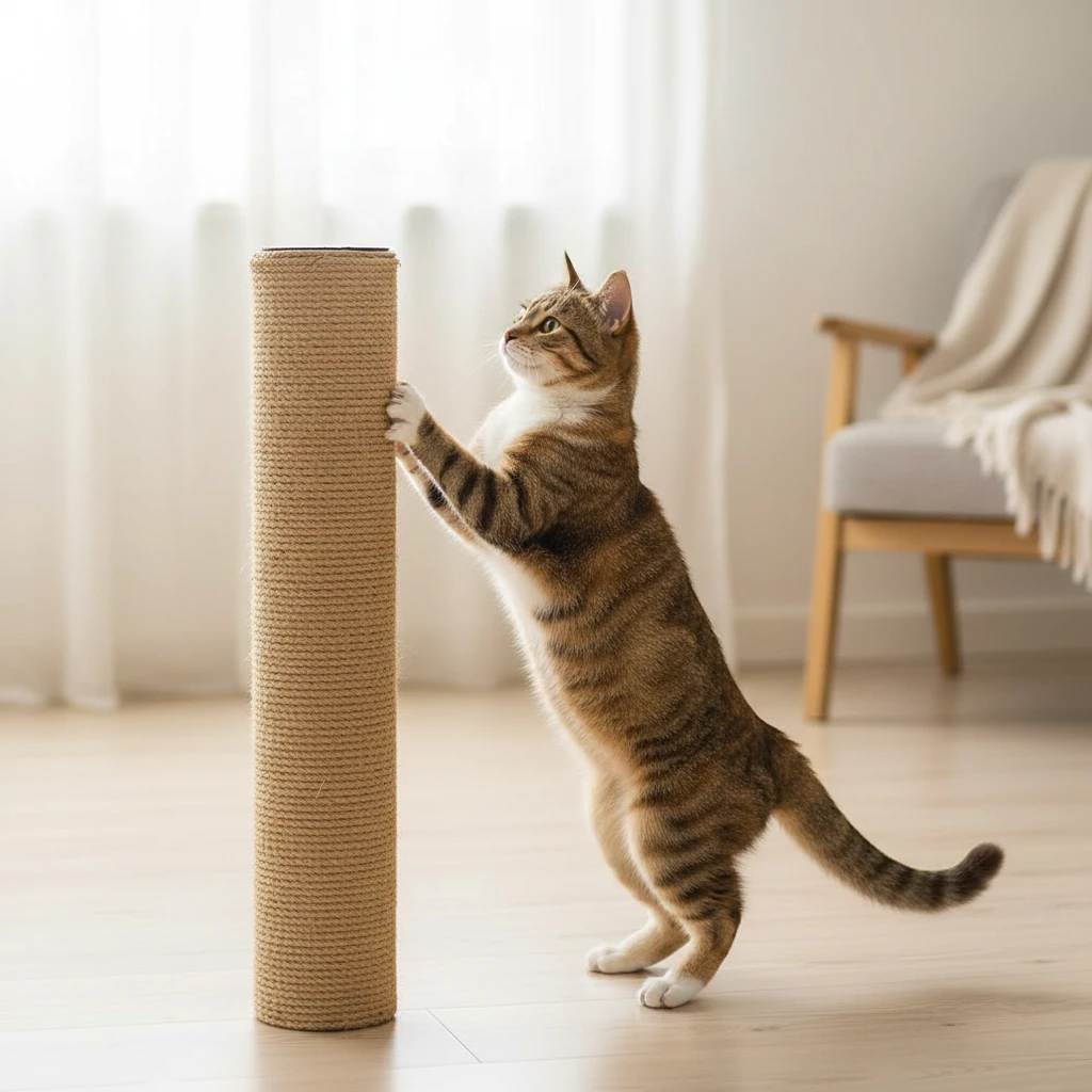 Chat tigré dressé sur ses pattes arrière griffant un pilier en corde de sisal dans un salon clair.