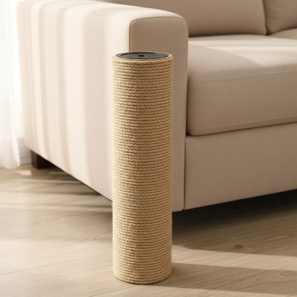 Pilier en corde de sisal beige avec embout noir, debout à côté d'un canapé beige dans un salon clair.