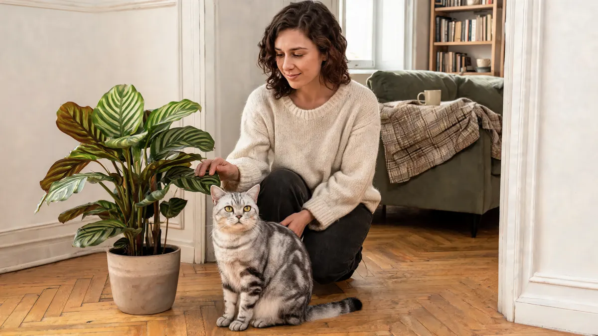 Une femme caresse son chat près d’une calathea, plante non toxique, dans un salon