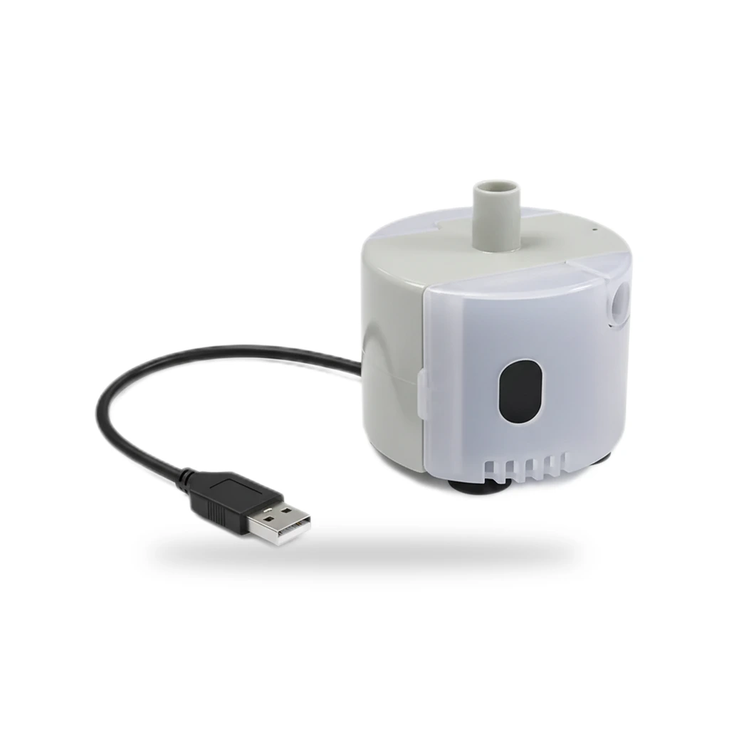 Pompe cylindrique grise avec câble USB noir et ventouses, vue sur fond blanc