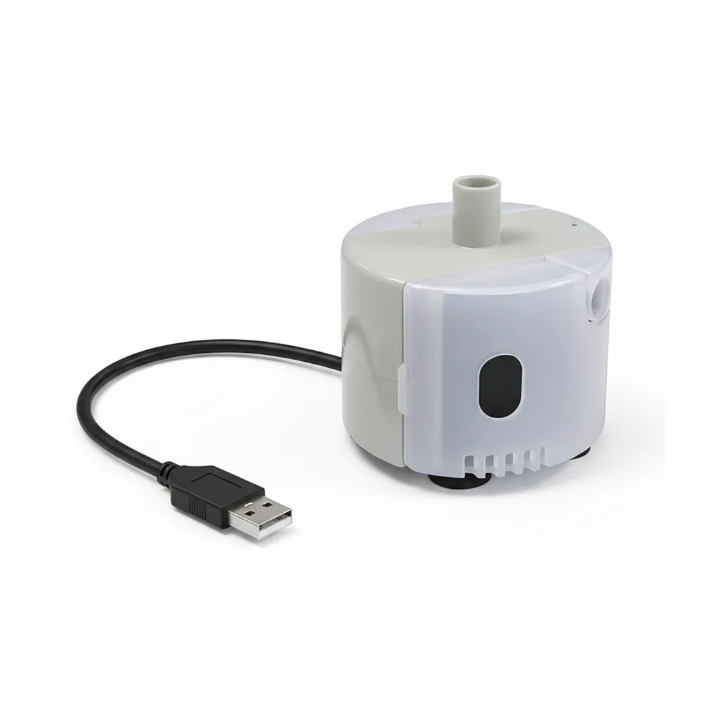 Pompe USB pour fontaine à eau avec câble noir, sortie d'eau et deux ventouses