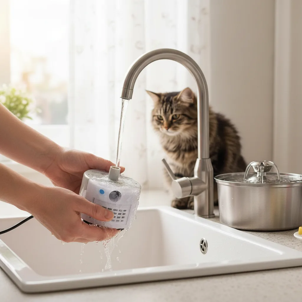 Mains rinçant sous le robinet la pompe d'une fontaine à eau pour chat, avec un chat et une fontaine inox au fond
