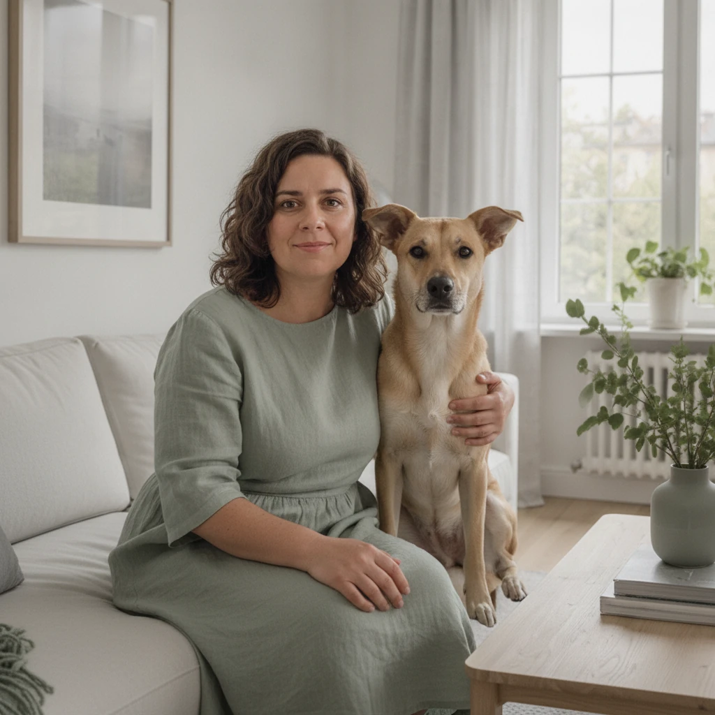 Illustration : une femme souriante avec un chien fauve dans un salon clair