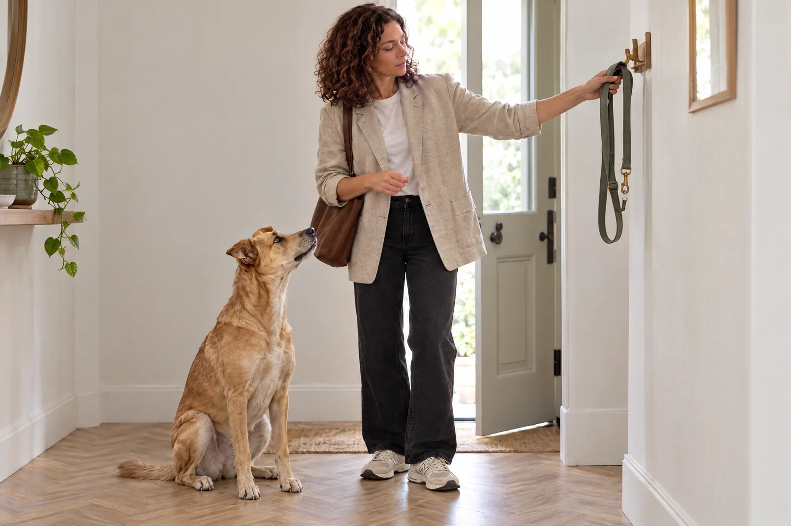 Femme décrochant la laisse du mur dans l'entrée pendant que son chien assis la regarde